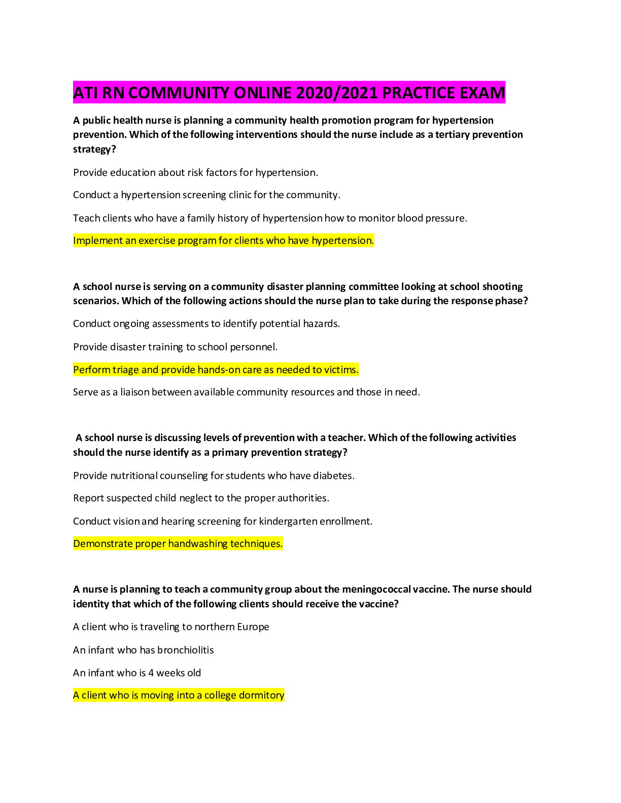 Preview image for ATI RN COMMUNITY ONLINE 2020/2021 PRACTICE EXA